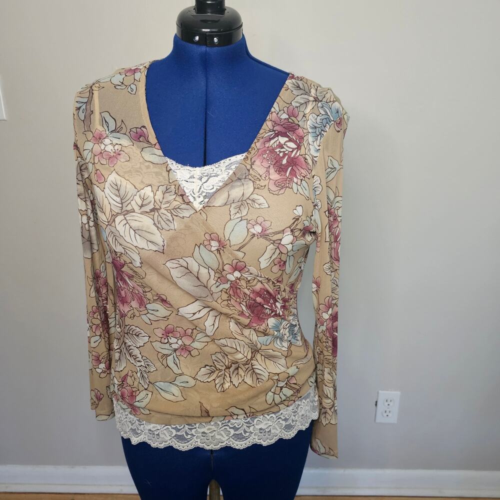 The Limited Floral Wrap Top Sheer Nylon Long Sleeve Blouse L